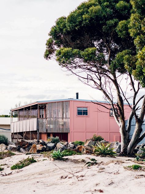 Pink House Exterior, Aussie Beach, Beachside Bungalow, West Facing House, Stucco Colors, Romantic Hideaways, Pink Paint Colors, Porthole Window, Large Balcony