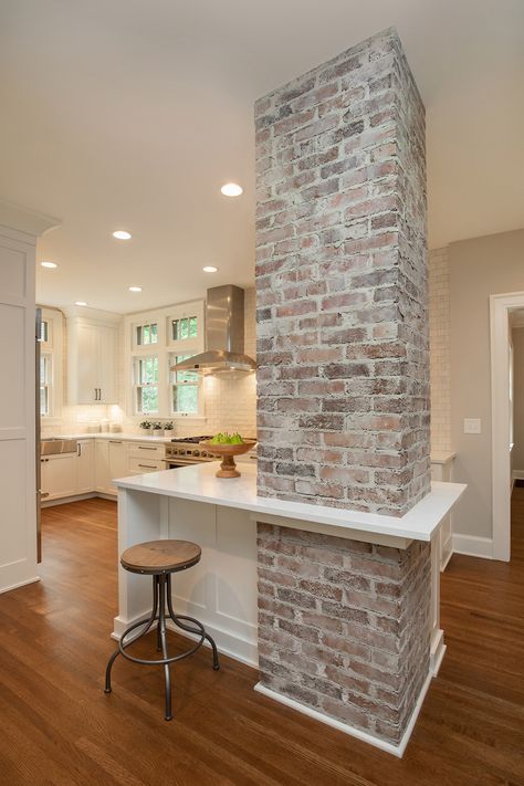 Historic Home Kitchen, Historical Kitchen, Kitchen Brick Wall, Exposed Brick Kitchen, Kitchen Restoration, Dated Kitchen, Modern Kitchen Open, Design My Kitchen, Columns (home)