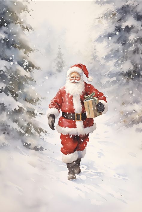 Capturing the very essence of the festive season, this artwork presents a heartwarming image of Santa Claus, the embodiment of holiday cheer, making his way through a snow-kissed forest landscape.

Santa, clad in his iconic red suit and cap, takes center stage in this composition. His rosy cheeks and twinkling eyes gleam with merriment and benevolence. The full white beard flows gracefully, highlighting his age and wisdom, which are part of the timeless allure of the Santa Claus legend. Santa Watercolor Painting, Santa Clause Paintings, Christmas Santa Pictures, Vintage Santa Images, Santa Claus Photography, Santa Photoshoot, Santa Claus Portrait, Santa Claus Printable, Santa Illustration