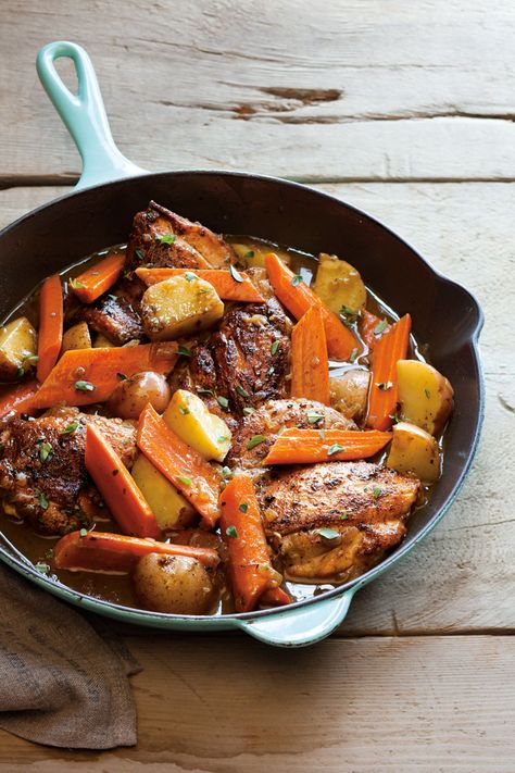 Braised Chicken Thighs with Carrots, Potatoes and Thyme | Williams-Sonoma Taste Braised Chicken Thighs, Carrots Potatoes, Potatoes And Carrots, Meat And Vegetables, Skillet Dishes, Skillet Dinners, Carrots And Potatoes, Braised Chicken, Chicken Dinners