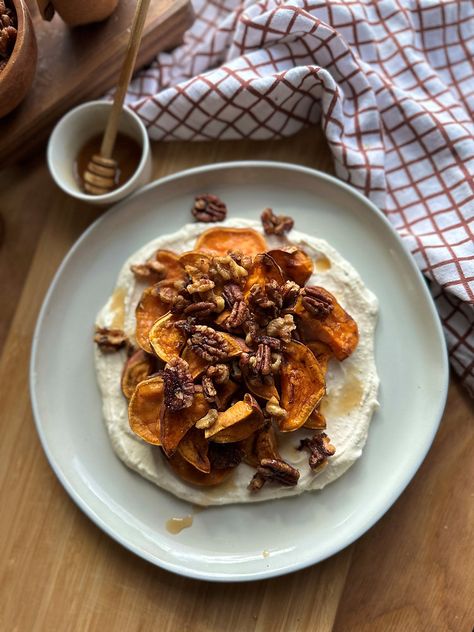 Whipped Feta Sweet Potatoes Whipped Feta Sweet Potato, Caramelized Pecans, Potato Casseroles, Whipped Goat Cheese, Cubed Sweet Potatoes, Whipped Feta, Toasted Pecans, Sweet Potato Casserole, Potato Casserole