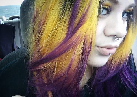 Cosmic Sunshine, Purple Rain mixed with Violet Dream Arctic Fox Hair Color <3 Yellow And Purple Hair, Yellow Hair Color Ideas, Sunflower Goddess, Unique Piercings, Flame Hair, Yellow Hair Color, Arctic Fox Hair Color, Creative Hair Color, Dark Red Hair