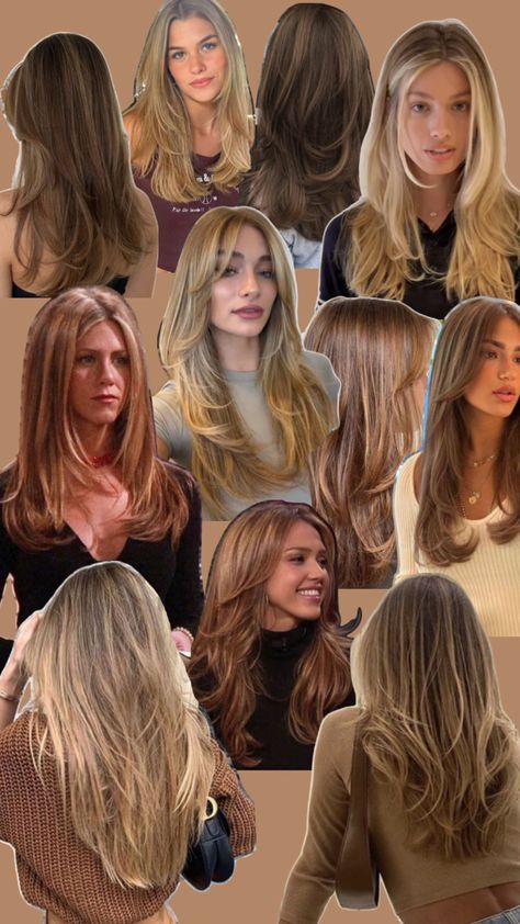 Collage of various layered haircuts of blond and brown hair