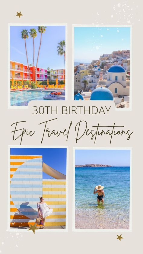 Is your 30th birthday coming up? Do you dream of going on a trip and celebrating this special occasion with a bang? Whether you're looking to plan a trip with friends, searching for an ideal foodie destination, or a romantic couples trip, in this article, you'll come across ten very promising trip ideas, both in the U.S. and abroad. If you're going to celebrate your dirty thirty birthday, let's do it in style! #girlstrip #palmsprings #oia #santorini #dirtythirty #greekislands #losangeles #socal 30th Birthday Destinations For Women, Best 30th Birthday Trips, 30th Birthday Beach Trip, 30th Destination Birthday, 35th Birthday Trip Ideas, 30th Birthday Miami, 30th Birthday Trips For Women, 30th Birthday Vacation Ideas, Birthday Destination Ideas