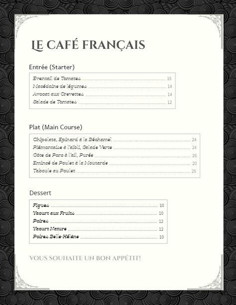 French bistro cafe menu template - black and white French Menu Card, French Cafe Menu, Cafe Menu Template, Menu Card Template, Template Black, Promotional Flyers, French Cafe, French Bistro, Cafe Menu