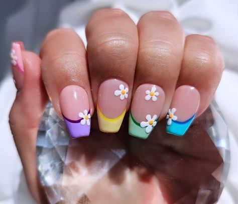 These beautiful French tip nails are where spring pastels meet summer neons. Each nail is adorned with textured flowers to bring some dimension and flair. These are made from Apres gel nails which are thicker and more durable than your average press on nails. They're easy to use and with proper care and removal can be used over and over again! These luxury press on nails will give you the perfect manicure within minutes. You receive- * Easy to follow instructions * 10 press on nails * Cuticle pu Round Nail Art Designs, June Nail Designs, Cute Pastel Nails, Nail Ideas For Kids, Cute Nails Short, Cute French Tip Nails, Pink Tip Nails, Teen Nails, Nail Designs Tutorial