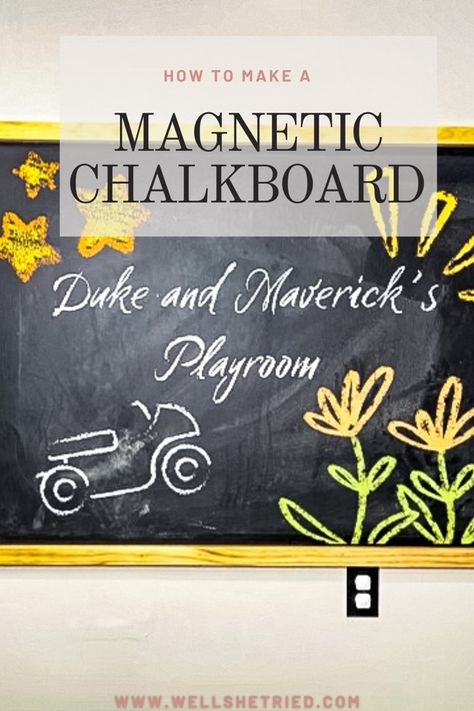 Complete how-to guide on making a Magnetic Chalkboard. DIY your own magnetic chalkboard wall, step by step guide with materials linked! #diy #playroom #diyplayroomideas #kidscrafts #kidsroomdecor Magnetic Chalkboard Paint, Magnetic Chalkboard Wall, Chalkboard Diy, Magnetic Paint, Kids Chalkboard, Diy Playroom, Metal Pail, Natural Stain Wood, Trim Board