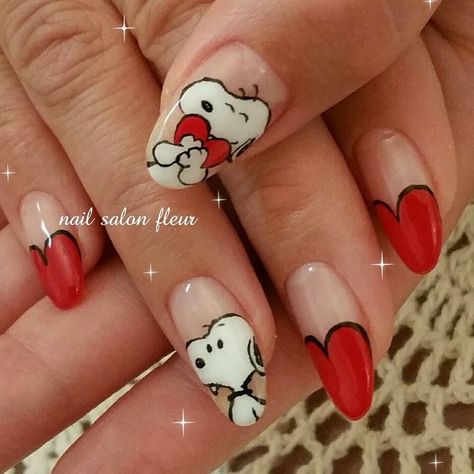 Snoopy Valentines Day Nails, Snoopy Acrylic Nails, Snoopy Nails, Tape Nail Art, Band Nails, Makeup Nails Designs, Cow Nails, Magic Nails, Anime Nails