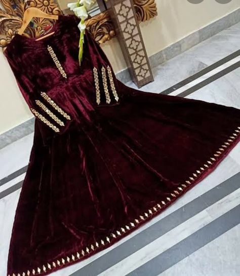 Mirror work velvet Frock Maroon Velvet Frock, Maroon Velvet Dress, Mirror Work Dress, Suit Neck Designs, Long Gown Design, Velvet Dress Designs, Neck Designs For Suits, Computer Knowledge, Simple Embroidery Designs