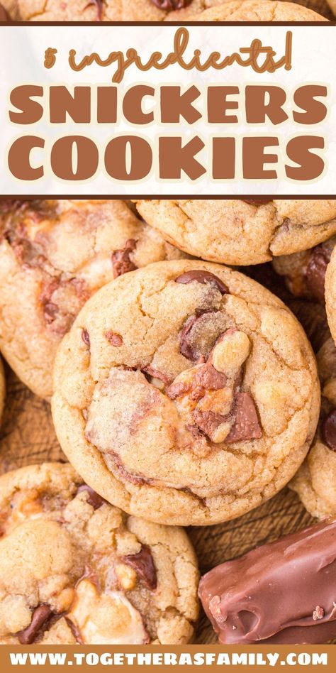 Super easy Snickers Cookies are so simple to make with only 5 ingredients! The classic combination of a Snicker's candy bar - chocolate, peanuts, and caramel but in a chewy, soft-baked cookie with the crunch of chopped Snickers throughout. Snicker Bar Cookies, Snicker Recipes, Snickers Recipes, Snicker Cookies, Snickers Cookies Recipes, Snickers Fudge, Mmm Cookies, Snickers Recipe, Snickers Cookies