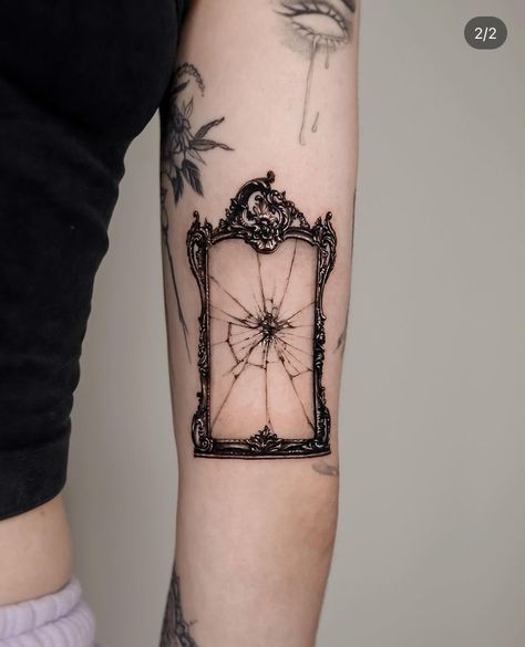 Old Frame Tattoo, Cloche Tattoo, Cracked Mirror Tattoo, Ornate Mirror Tattoo, Nihilism Tattoo, Ornate Frame Tattoo, Framed Tattoo Ideas, Archway Tattoo, Fairytale Tattoo Ideas