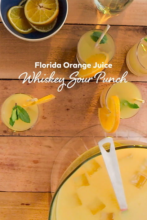 Bring a splash of sunshine to your next gathering with this Whiskey Sour Punch! Made with Florida Orange Juice and paired with smooth whiskey, this easy recipe is only a few ingredients and a total crowd-pleaser. Every sip is refreshingly vibrant and naturally sweet, delivering the Florida-difference you can taste. Whiskey Punch For A Crowd, Whiskey Sour Punch, Punch For A Crowd, Ocean Cocktail, Whiskey Punch, Orange Juice Cocktails, Florida Orange Juice, Sour Punch, Orange Juice Recipes