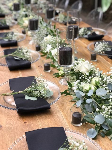 Sage And Black Wedding, White Table Decorations, Wedding Bridal Table, Tables For Wedding, Lodge Reception, Work Celebration, Black Wedding Table, Gothic Forest, Wedding Gothic