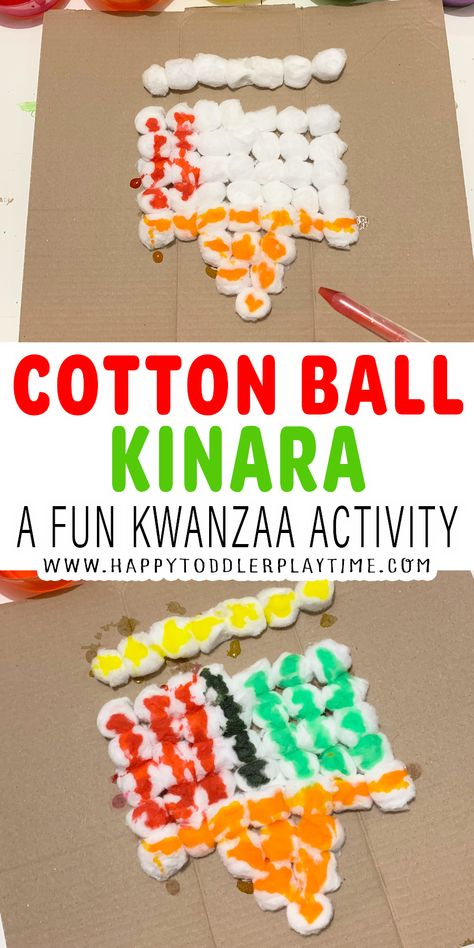 Cotton Ball Kinara Craft - HAPPY TODDLER PLAYTIME Kwanzaa Stem Activities, Preschool Kwanzaa Activities, Kwanzaa Activities For Preschool, Kwanzaa Crafts For Toddlers, Kwanzaa Crafts For Kids Preschool, Kinara Craft, Kwanzaa Preschool, Art Activity For Toddlers, Kwanzaa Party