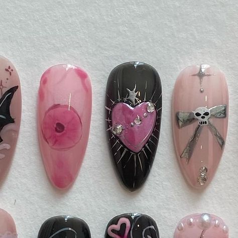 press on nails • nail design art on Instagram: "custom set ; spooky coquette   SGD115" Black And Pink Coquette Nails, Goth Coquette Nails, Dark Coquette Nails, Spooky Coquette, Coquette Nails, Spooky Nails, Skull Nails, Kiss Nails, Grunge Nails