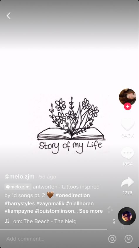 Story Of My Life Tattoo, Flower Book Tattoo, Niall Horan Tattoo Ideas, My Life Tattoo, One Direction Tattoos, Bestie Board, Believe Tattoos, 1d Songs, Story Of My Life