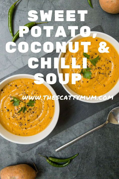 Looking for a cosy and comforting soup to warm you up on a chilly day? This sweet potato coconut and chilli soup is the perfect choice! Packed with sweet and spicy flavours, this vegan-friendly soup is easy to make and bursting with nutrients. With creamy coconut milk, flavourful chilli flakes and powder, and hearty sweet potato chunks, this soup is a delicious and healthy way to satisfy your taste buds. Serve it up with some crusty bread for a satisfying and nourishing meal that's sure to pleas Sweet Potato Chunks, Soup Recipes Uk, Sweet Potato Chilli, Chilli Soup, Coconut Soup Recipes, Sweet Potato Soup Recipes, Coconut Milk Soup, Uk Recipes, Comforting Soup