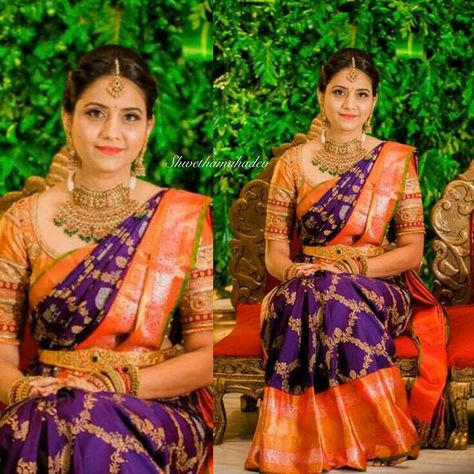 Pattu Sarees Wedding, Saree Color Combinations, Sarees Pattu, Saree Hairstyles, Indian Bridal Sarees, New Saree Designs, Pattu Saree Blouse Designs, Wedding Saree Blouse Designs, Bridal Makeover