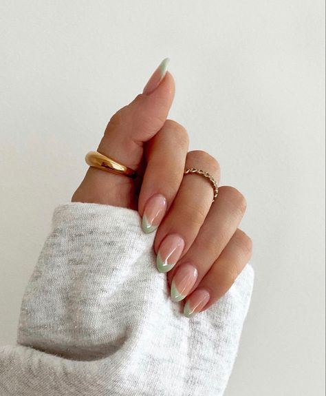 Green French Tip Nails Almond, Tip Nails Almond, French Tip Nails Almond, French Almond Nails, Rounded Acrylic Nails, French Almond, Mauve Nails, Green French, May Nails