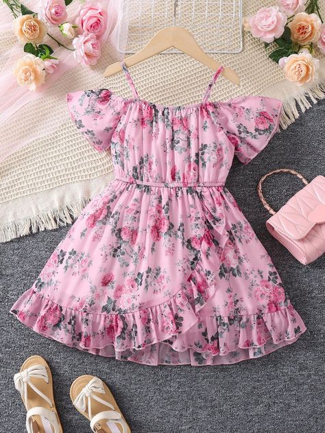 Pink Cute Collar Short Sleeve Chiffon Floral,All Over Print A Line Embellished Non-Stretch  Young Girls Clothing Georgette Frocks For Kids, Flowered Chiffon Gown Styles, Frock Models For Kids, Chiffon Short Gown Styles, Georgette Frocks, Chiffon Gown Styles, Chiffon Frock, Frock Designs For Girl, Frocks For Kids