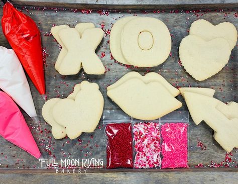 Our DIY Cookie Kits are a fun & delicious decorating adventure for people of all ages! Enjoy our scratch-made sugar cookies & royal icing in your own home. 💕❤️Valentine's Day❤️💕 * (12) cookies { (2) X's, (2) O's, (4) hearts, (2) lips, (2) arrows} * (3)icing colors * (3) sprinkle mixes Ingredients: Flour, Sugar, Shortening, Eggs, Baking Powder, Cream of Tartar, salt, powdered sugar, corn syrup, vanilla extract **Though an allergen may not be listed in our ingredients, please note that e Valentine Cookie Kit, Sugar Cookies Royal Icing, Valentines Day Cookie, Cookie Kits, Valentine Cookies Decorated, Cookies Royal Icing, Cookie Decorating Supplies, Cookie Decorating Kit, Sugar Cookie Royal Icing