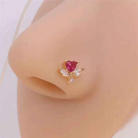 Chic Heart Gold Plated Ruby Diamond Nose Ring - 14k Gold Plated - Stainless Steel L-Shaped Insert - Simulated Diamonds - Nickle & Lead Free, Hypoallergenic - 1 Piece L Shaped Nose Ring, Diamond Nose Ring, Wedding Rings Princess Cut, Fashion Rings Silver, Belly Button Jewelry, Nose Piercing Jewelry, Amethyst And Diamond Ring, Diamond Engagement Wedding Ring, Nose Jewelry