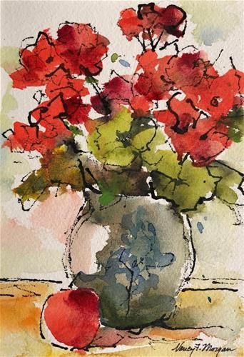 Daily Paintworks - "Geraniums With Apple" - Original Fine Art for Sale - © Nancy F. Morgan #OilPaintingLove Watercolour And Pen Art, Watercolor Geraniums, Watercolor Paintings For Beginners, Watercolor Pictures, Watercolour Inspiration, Watercolor Flower Art, Hur Man Målar, 수채화 그림, Watercolor Flowers Paintings