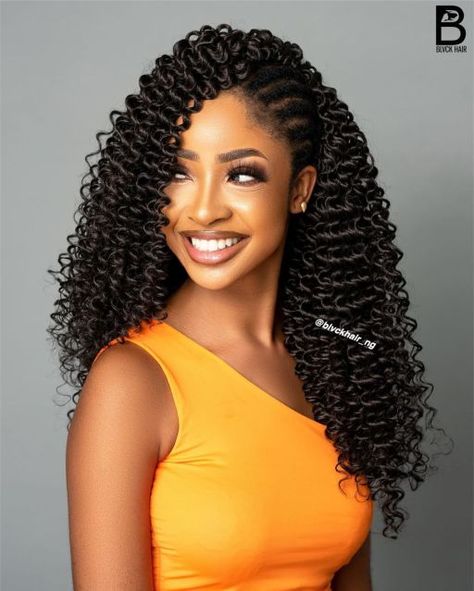 Long Crochet S-Curls with Side Braids Side Braids With Crochet Hair, How To Get Curls At The End Of Braids, Box Breads With Curly Ends, Braided Roots Curly Ends, Individual Crochet Braids, Side Braid With Curls, Outre Bohemian Curl Crochet Braids, Crochet Curls, Side Cornrows