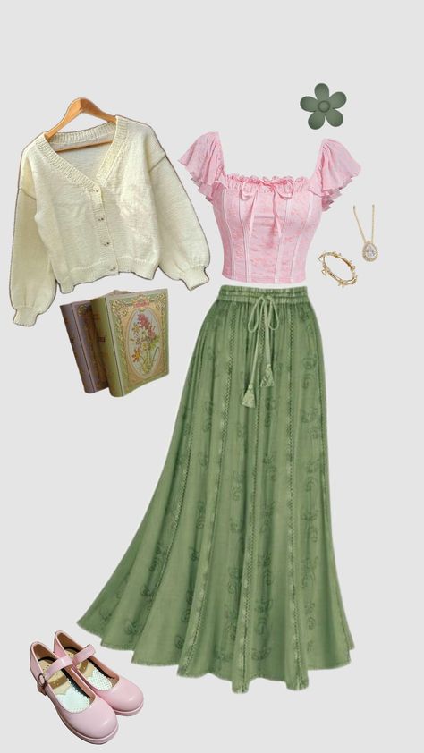 a little cottagecore inspired outfit! 💗💚 #cottagecore #green #pink #outfit #simpleoutfit Pink Cottage Core Aesthetic Outfit, Cottagecore Outfits Pastel, Colourful Cottagecore Outfit, Easy Cottagecore Outfits, Y2k Cottagecore Outfits, Pastel Cottagecore Outfits, Green Pink Outfit, Soft Cottagecore Outfits, Casual Cottagecore Outfits