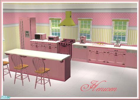 Sims 2 | Henwen's Pretty Pink Kitchen Pink Kitchen Appliances, Sofia Ferreira, Kitchen Appliance Set, Pink Kitchen Decor, Furniture Cc, Sims 4 Kitchen, Pink Furniture, Barbie Kitchen, Sims 4 Cc Furniture