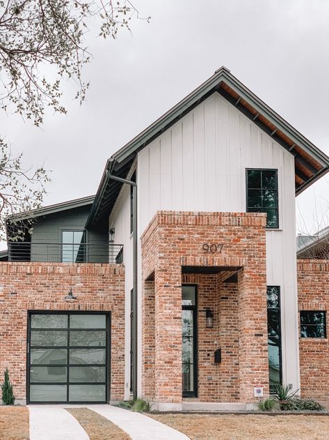 Modern Exterior With Brick, Brick And Tile House Exterior, Reclaimed Brick House Exterior, Farmhouse Exterior Red Brick, Light Grey Brick House Exterior Modern, White And Red Brick House, Modernize Red Brick House, Modernizing Brick Exterior, Red Brick And Cladding Exterior