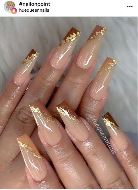 Gold Foil Nails Coffin, Brown Nails With Gold Flakes, Nails Gold Flakes, Gold Flake Nails, Gold Foil Nails, Nail Board, Dip Nail, Gold Nail Designs, Thanksgiving Nails