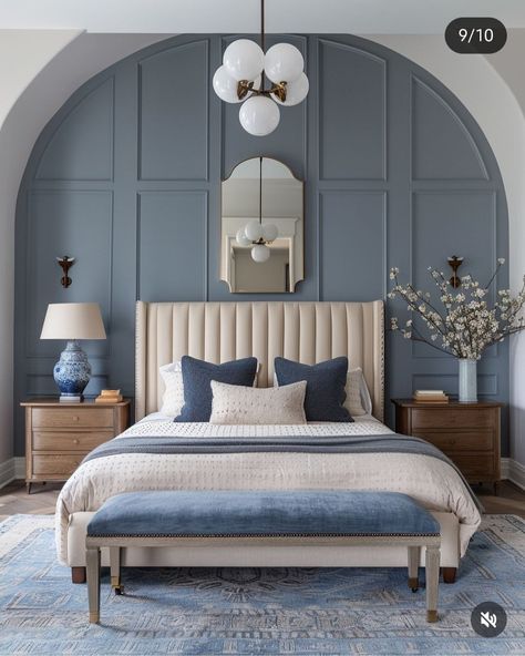 Neoclassic Interior Design, French Blue Bedroom, Elegant Dorm Room, Wallpaper Decor Bedroom, Light Blue Bedroom, Blue Bedroom Walls, Unique Bedroom Design, Studio Home, Ceiling Design Bedroom