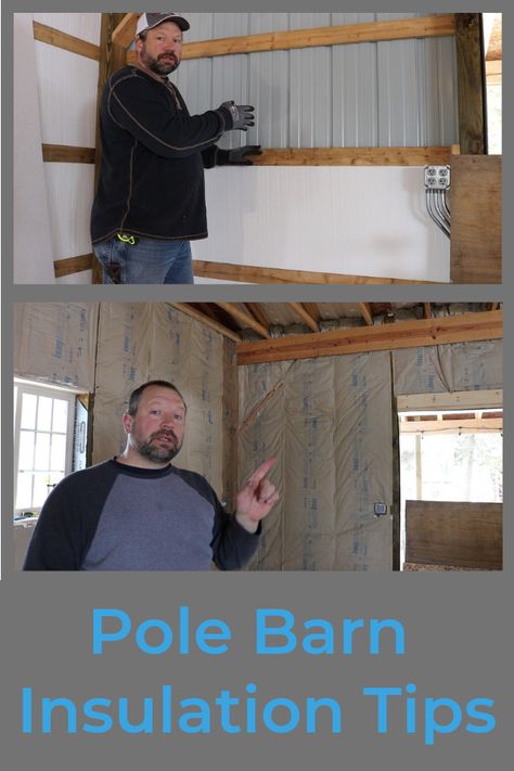 This video has tips on insulating a pole barn with foam board and fiberglass Pole Building Storage Ideas, Pole Barn Shop Building, Pole Shed Storage Ideas, Pole Shed Interior Ideas, Shop Insulation Ideas, Metal Building Shop Interior Ideas, Pole Barn Wall Ideas, Pole Barn Ideas Interiors, Pole Barn Bar Ideas