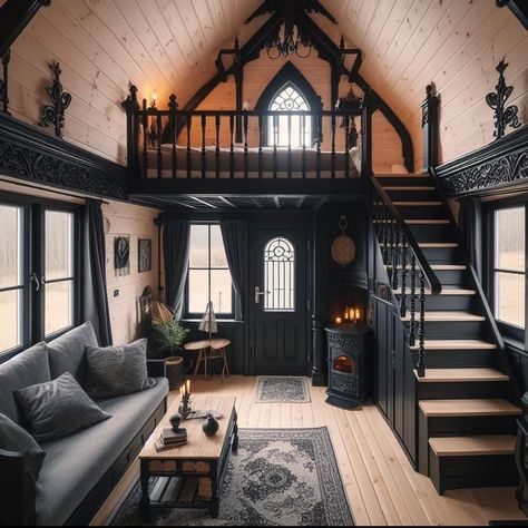 Goth Mobile Home, Goth Tiny House, Gothic Tiny House, Tiny Home Ideas, Brooklyn Navy Yard, Tiny House Inspiration, Dark Home Decor, Dark Home, Modern Tiny House