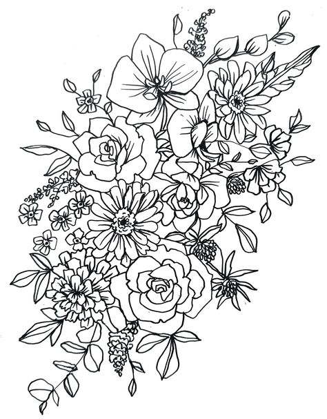 Perfect for any simple wall Flowers Outline Drawing Simple, Floral Design Black And White, Flower Arrangements Drawing, Flower Outline Drawing, Floral Coloring Pages, Floral Line Drawing, Flower Bouquet Drawing, Floral Doodles, Black And White Floral Pattern