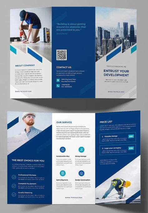 Construction Trifold Brochure Template INDD Construction Trifold Brochure Design, Company Pamphlet Design, Modern Trifold Brochure Design, Corporate Trifold Brochure Design, Brochures Design Ideas, Broucher Ideas Design, Construction Brochure Design, Business Pamphlet, Construction Brochure