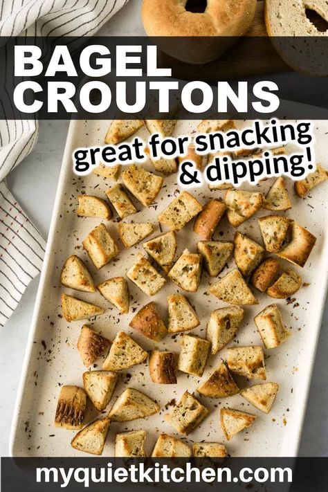 Bagel croutons are as easy to make as regular croutons and double as a snack AND garnish. Create larger croutons for snacking and scooping up dips and soft cheeses (think, crostini meets bagel chips). Or cut the bread into smaller, bite-size croutons for garnishing salads and soups! Only 5 ingredients and 15 minutes to make a batch of these irresistible vegan croutons. Vegan Croutons, Bagel Croutons, Vegan Bagel, Crouton Recipes, Gluten Free Bagels, Vegan Salad Dressing, Bagel Chips, Salad Dressing Recipes Homemade, Homemade Bagels