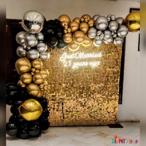 Wedding Anniversary Stage Decoration, Company Anniversary Decoration, 25th Anniversary Balloon Decorations, Backdrop Anniversary Ideas, Decoration Ideas For 25th Anniversary, 25th Anniversary Backdrop Ideas, Silver Jubilee Anniversary Decoration, Anniversary Stage Decoration, 25th Anniversary Celebration Ideas