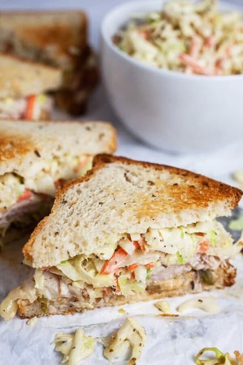 Turkey-Rachel-Sandwich-with-Coleslaw Turkey Deli Meat Recipes, Rachel Sandwich, Deli Meat Recipes, Coleslaw Sandwich, Turkey Lunch, Turkey Lunch Meat, Turkey Sandwiches Recipes, Lunch Meat Recipes, Homemade Sandwich