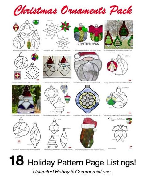 Christmas Ornaments Pack 18 Holiday Stained Glass Pattern Pages Stained Glass Ornaments Patterns, Stained Glass Christmas Patterns, Christmas Stained Glass Patterns, Stained Glass Christmas Ornaments, Beginner Patterns, Stain Glass Window Art, Stained Glass Angel, Glass Window Art, Stained Glass Pattern