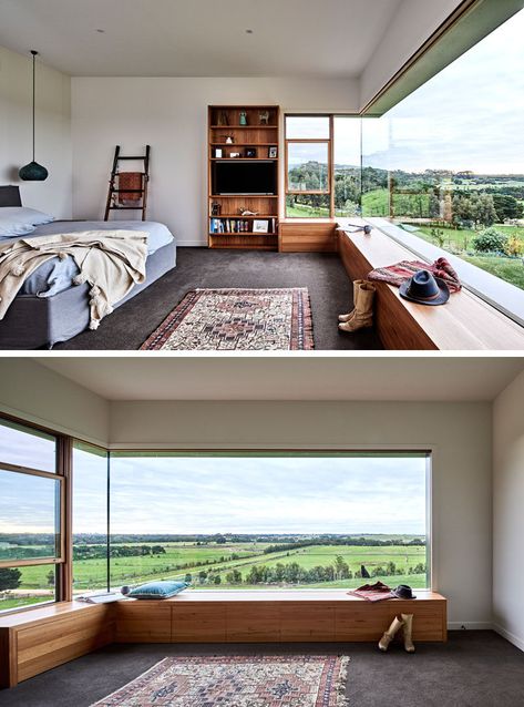 In this modern bedroom, a large window perfectly frames the view, while a wood bench has been built to create a space to sit and relax. #BedroomDesign #Window #WoodBench Rural Home, Interior Elements, Large Window, Bilik Tidur, Farmhouse Interior, Hus Inspiration, Bedroom Windows, घर की सजावट, Wood Bench