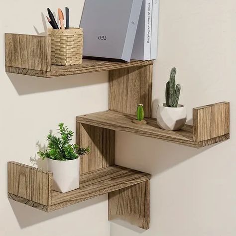 Corner Floating Shelves, Corner Shelf Ideas, Wooden Corner Shelf, Wood Storage Shelves, Shelves For Wall, Floating Corner Shelves, Corner Wall Shelves, Corner Bookshelves, Rustic Floating Shelves