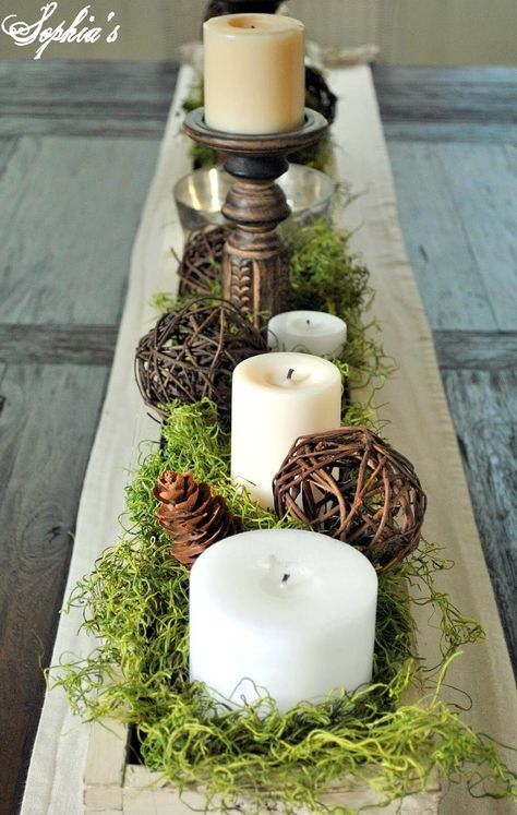 An Earthy Display with Fake Grass and Pine Cones Rustic Wooden Box Centerpiece, Long Planter Boxes, Julkransar Diy, Planter Box Centerpiece, Wooden Box Centerpiece, Long Planter, Rustic Wooden Box, Tafel Decor, Wooden Planter Boxes