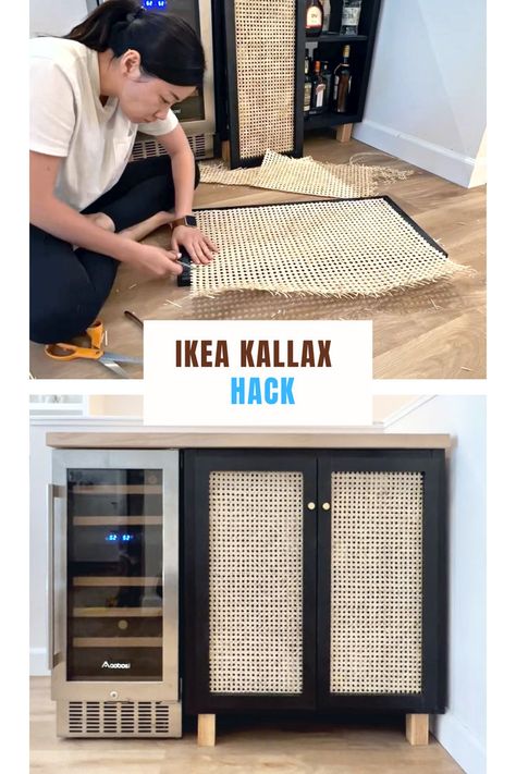 Kallax Rattan Hack, Rattan Cabinet Diy, Kaplan Bench Hack, Kallax Bar Hack, Diy Kallax Doors, Kallax Doors Diy, Ikea Bar Cabinet Hack, Kallax Coffee Bar, Ikea Kallax Doors Diy