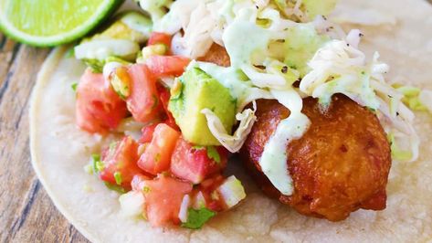 Battered Cod Fish Tacos Jalapeno Crema, Cod Tacos, Cod Fish Tacos, Fried Fish Tacos, Slow Cooker Chili Easy, Battered Cod, Stuffed Avocado, Fried Cod, Mexican Flavors