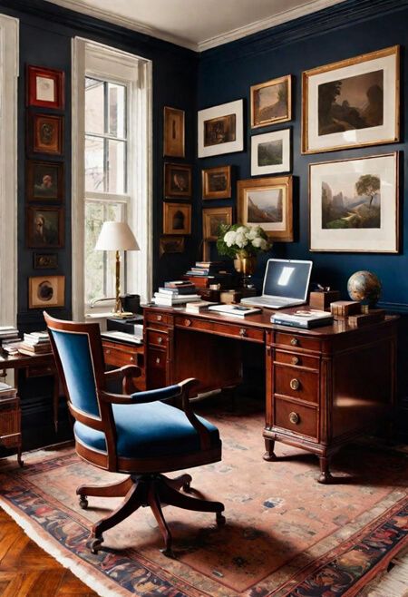 Antique Desk In Living Room, Traditional Office Desk, Masculine At Home Office, Cottage Study Room, Antique Home Office Ideas, Colonial Style Office, Architectural Digest Office, Dark Academia Home Office, Academia Rooms