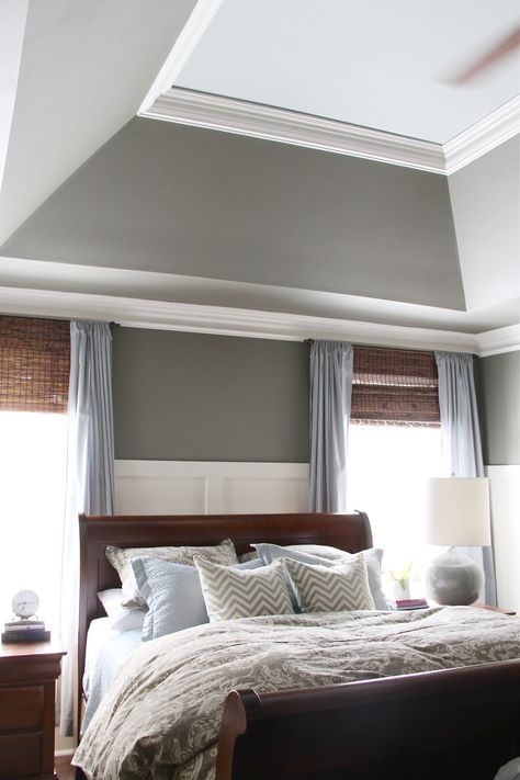 Raised Bedroom Ceiling, Crown Molding Bedroom Ceilings, Angled Tray Ceiling Ideas, Bedroom Ceiling Color, Bedroom Tray Ceiling Paint Ideas, Sw Anonymous, Angled Tray Ceiling, Tray Ceiling Crown Molding, Tray Ceiling Paint Ideas