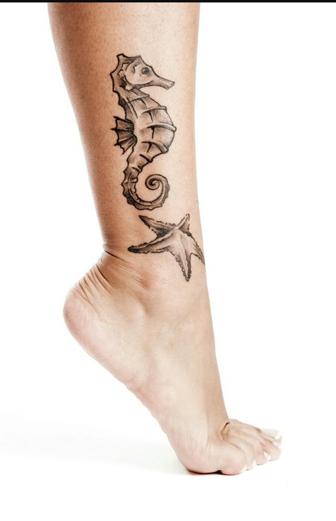 Seahorse Tatoos, Seahorse Tattoos, Starfish Tattoo, Best Leg Tattoos, Seahorse Tattoo, Ocean Tattoo, Tier Tattoo, Tattoo Meanings, Beach Tattoo