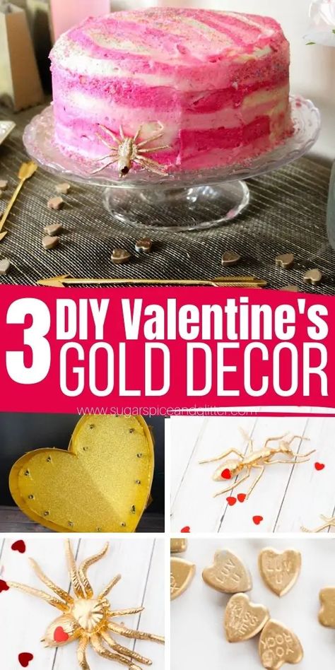 Gold Valentines Day Decor, Gold Decor Ideas, Diy Gold Decor, Vase Filler Ideas, Pink And Gold Decorations, Glitter Spray Paint, Diy Gold, Conversation Heart, Marquee Sign